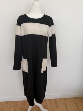 Go Couture XL Black Faux Fur Colorblock Long Sleeve Midi Dress Pocket Accent